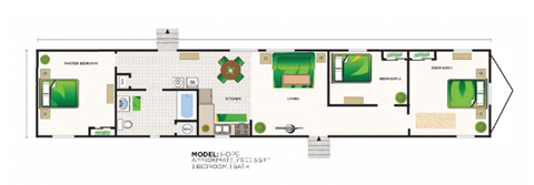 Floor plan for 3 beds, 1 bath, 840 sqft